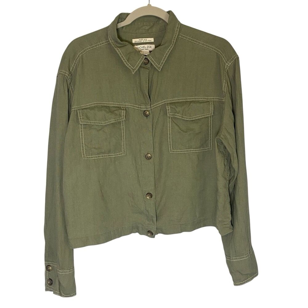 Rachel Zoe Linen Shirt Button Up Top Pockets European Grown Flax Green Size L